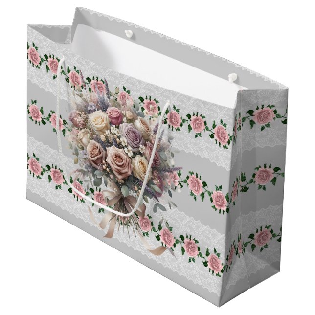 Sacola Para Presentes Grande Buquê Bridal de Rosas Rosa (Frente inclinada)