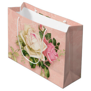 Sacola Para Presentes Grande Buquê Rosa Rosa e Branco