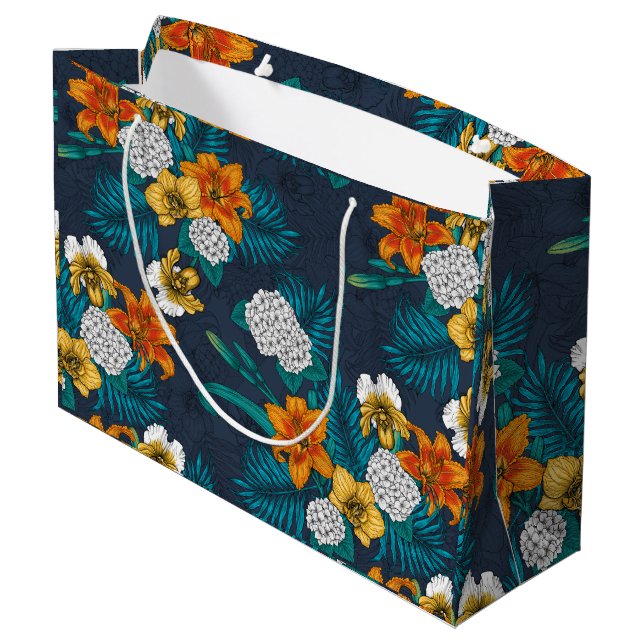 Sacola Para Presentes Grande Buquê tropical em azul (Verso inclinado)