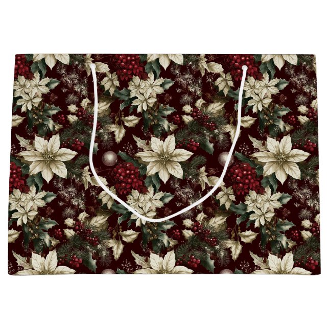 Sacola Para Presentes Grande Burgundy Traditional Christmas Floral (Frente)