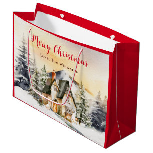 Sacola Para Presentes Grande Cabana de Férias de Inverno Feliz Natal