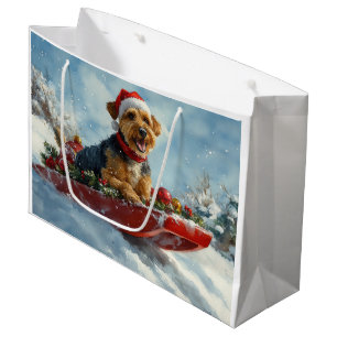 Sacola Para Presentes Grande Cachorro Airedale em Trenó Deixe Nevar Natal