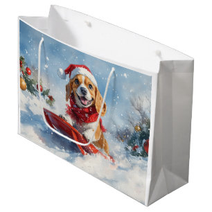 Sacola Para Presentes Grande Cachorro Beagle no Trenó Fazer Neve Natal