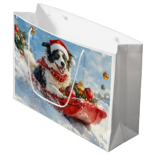 Sacola Para Presentes Grande Cachorro Border Collie em Trenó Deixe Nevar Natal