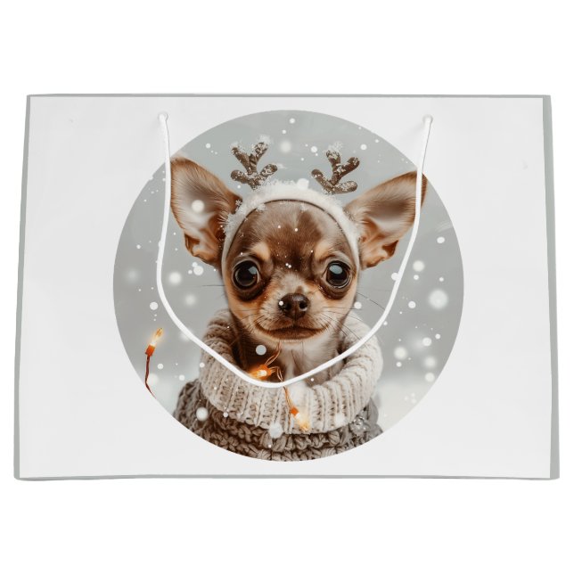 Sacola Para Presentes Grande Cachorro Chihuahua Rena de Natal (Frente)