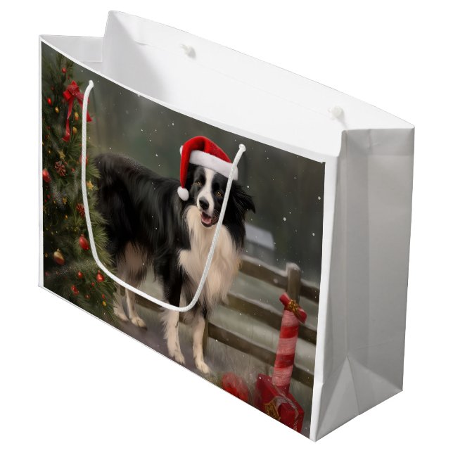 Sacola Para Presentes Grande Cachorro Collie Fronteira no Natal da neve (Frente inclinada)