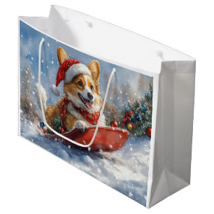 Sacola Para Presentes Grande Cachorro Corgi em Trenó Deixe Nevar Natal