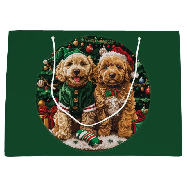 Sacola Para Presentes Grande Cachorro de Goldendoodle de Natal (Frente)