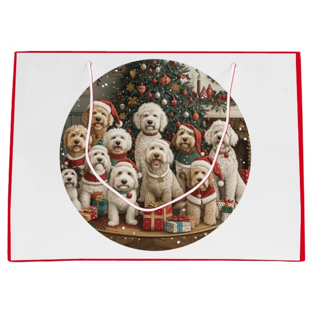 Sacola Para Presentes Grande Cachorro de Goldendoodle de Natal (Frente)