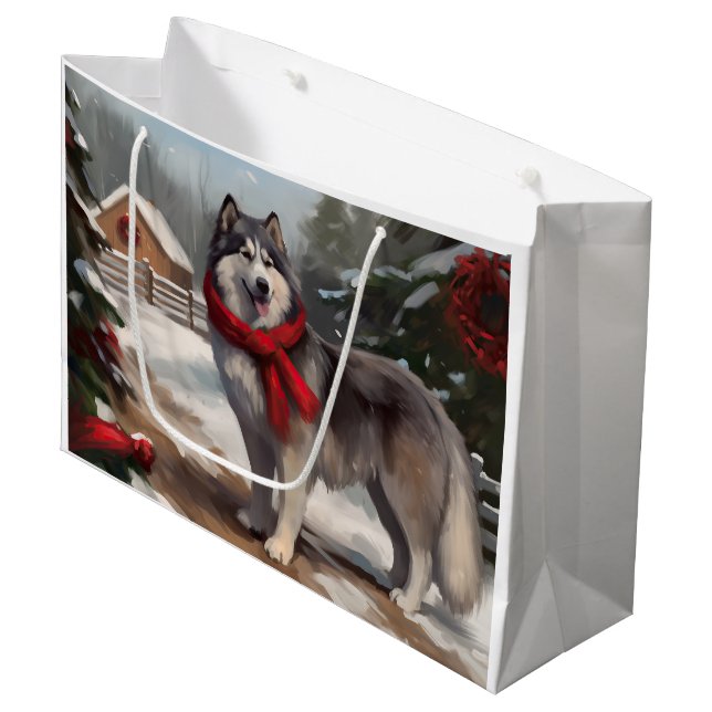 Sacola Para Presentes Grande Cachorro Malamute do Alasca no Natal da Neve (Frente inclinada)