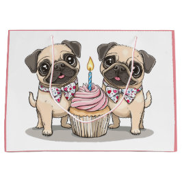 Sacola Para Presentes Grande Cachorro Pug de Aniversário Cupcake