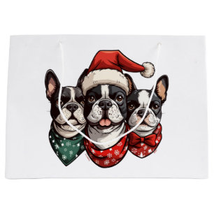 Sacola Para Presentes Grande Cães Boston Terrier no Natal