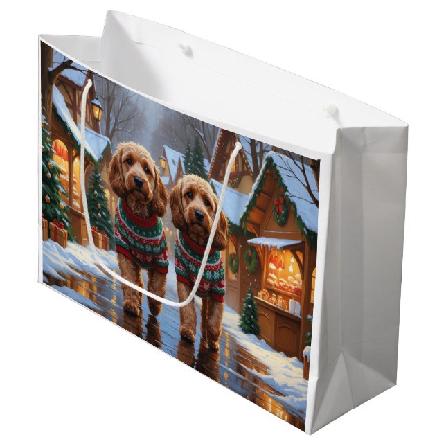 Sacola Para Presentes Grande Cães Cockapoo Natal Neve Férias  (Frente inclinada)