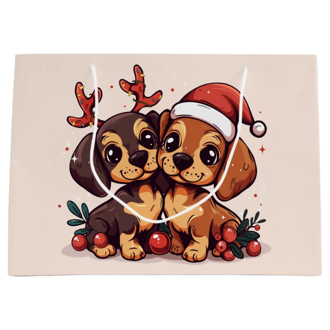 Sacola Para Presentes Grande Cães Dachshund de Natal (Frente)