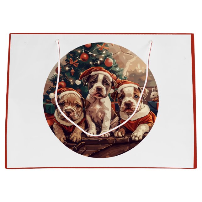 Sacola Para Presentes Grande Cães de Cachorro Pit Bull de Natal (Frente)