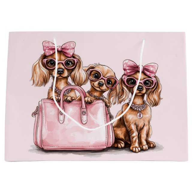 Sacola Para Presentes Grande Cães de Dachshund Fashionáveis, Bolsa Rosa (Frente)