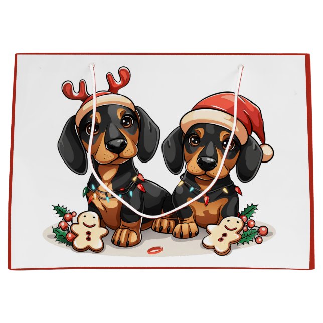 Sacola Para Presentes Grande Cães de Natal Dachshund (Frente)