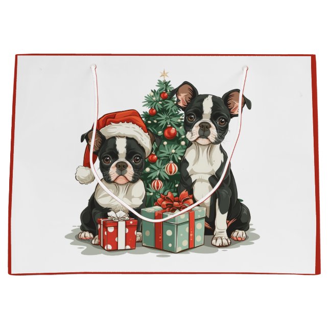 Sacola Para Presentes Grande Cães de Natal em Boston Terrier (Frente)