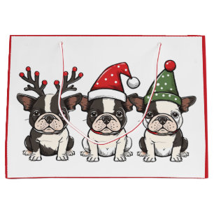 Sacola Para Presentes Grande Cães de Natal em Boston Terrier