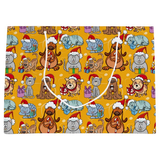 Sacola Para Presentes Grande Cães e Gatos Natalinos Festivos  (Frente)