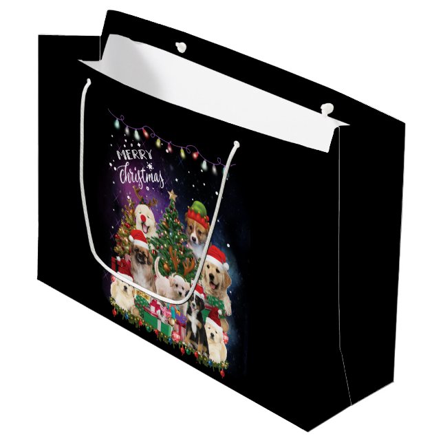 Sacola Para Presentes Grande Cães Feliz Natal Luz (Frente inclinada)