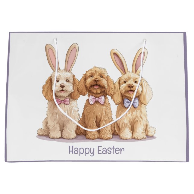 Sacola Para Presentes Grande Cães Goldendoodle Feliz Páscoa (Frente)