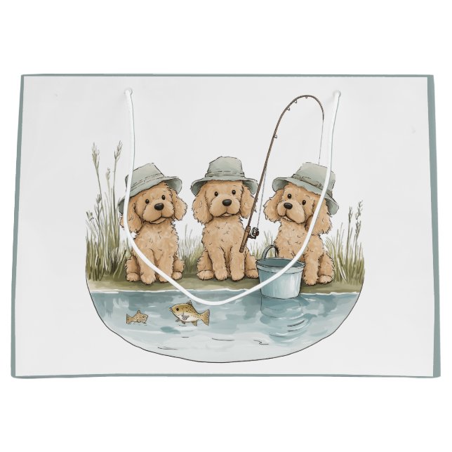 Sacola Para Presentes Grande Cães Goldendoodle Pescando (Frente)