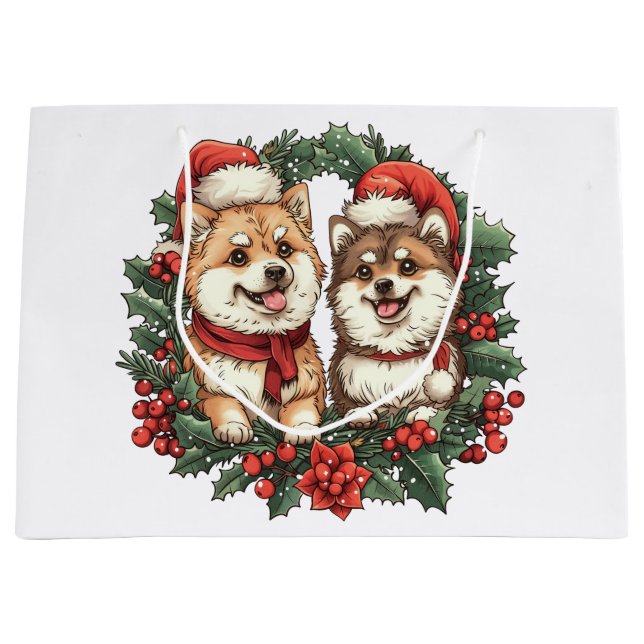 Sacola Para Presentes Grande Cães Pomeranianos Mistletoe Wreath (Frente)