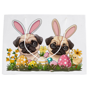 Sacola Para Presentes Grande Cães Pug de Páscoa com Orelhas de Coelho