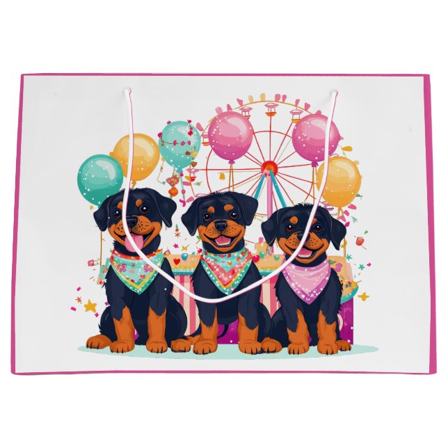 Sacola Para Presentes Grande Cães Rottweiler Num Carnaval (Frente)