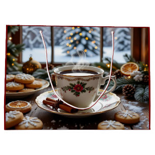 Sacola Para Presentes Grande Café de Natal e Bolachas Cena de inverno