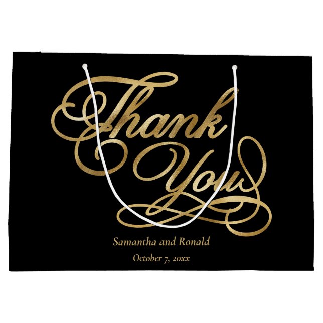 Sacola Para Presentes Grande Caligrafia Dourada Elegante e Faux Obrigado (Verso)