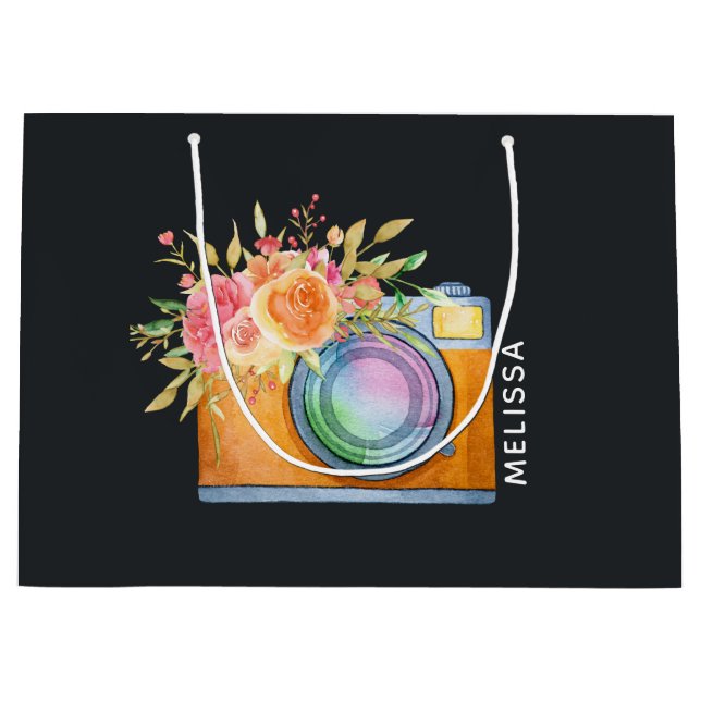 Sacola Para Presentes Grande Câmera Laranja Boho e Buquê Floral Aquarela (Frente)
