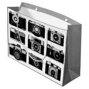 SACOLA PARA PRESENTES GRANDE CÂMERAS FOTOGRAFADAS ANTIGAS EM PRETO E BRANCO
