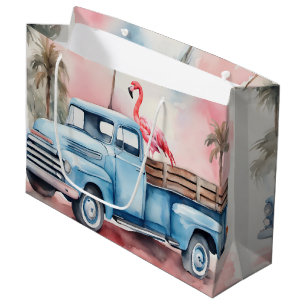 Sacola Para Presentes Grande Caminhão Azul Retroativo Com Flamingo