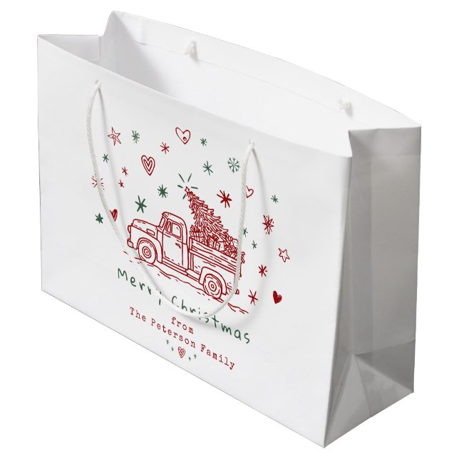 Sacola Para Presentes Grande Caminhão de Natal Retro Vermelho e Verde (Verso inclinado)