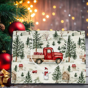 Sacola Para Presentes Grande Caminhão Vermelho com presentes e boneco de neve