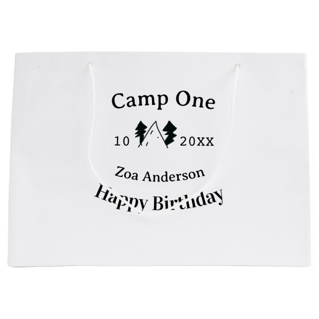 Sacola Para Presentes Grande Camp one happy birthday name date campingadventure (Frente)