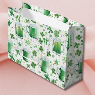 Sacola Para Presentes Grande Canecas de Cerveja Verde Elegantes e Trevos Branco