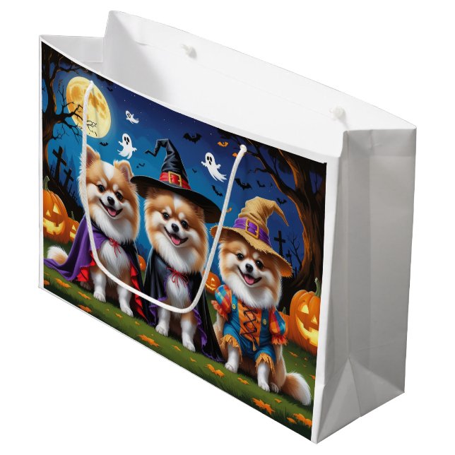 Sacola Para Presentes Grande Caninos Pomeranianos Pumpkin Halloween Engraçado (Frente inclinada)