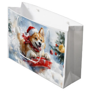 Sacola Para Presentes Grande Cão Akita em Trenó Deixe Nevar Natal