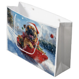 Sacola Para Presentes Grande Cão Bullmastiff em Trenó Deixe Nevar Natal