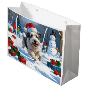 Sacola Para Presentes Grande Cão de Pastoreio Inglês Antigo Correndo na Neve Ch