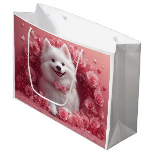 Sacola Para Presentes Grande Cão Esquimó Americano com Rosas - Dia dos Namorado