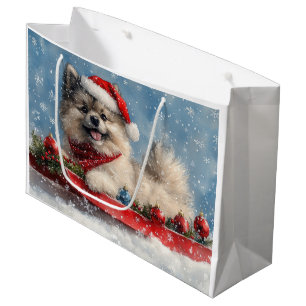Sacola Para Presentes Grande Cão Keeshond em Trenó Deixe Nevar Natal