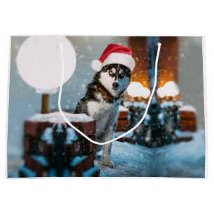 Sacola Para Presentes Grande Cão Siberiano Husky vestindo chapéu Santa