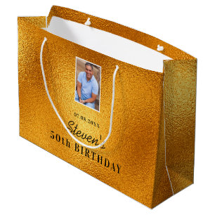 Sacola Para Presentes Grande Cara de foto do nome de ouro de aniversário