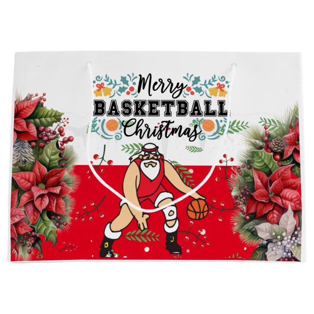 Sacola Para Presentes Grande Carga de Natal de Basquete com Papai Noel (Frente)