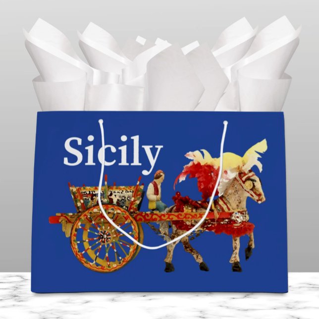 Sacola Para Presentes Grande Carretto Siciliano - Traditional Sicilian Blue (Carretto Siciliano Royal Blue Gift Bag - Traditional horse and cart of Sicily )