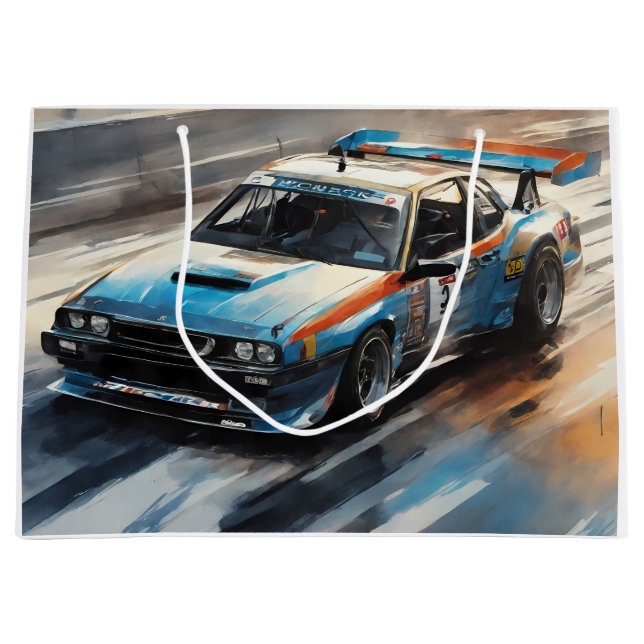 Sacola Para Presentes Grande Carro de Corrida Azul esportivo (Frente)